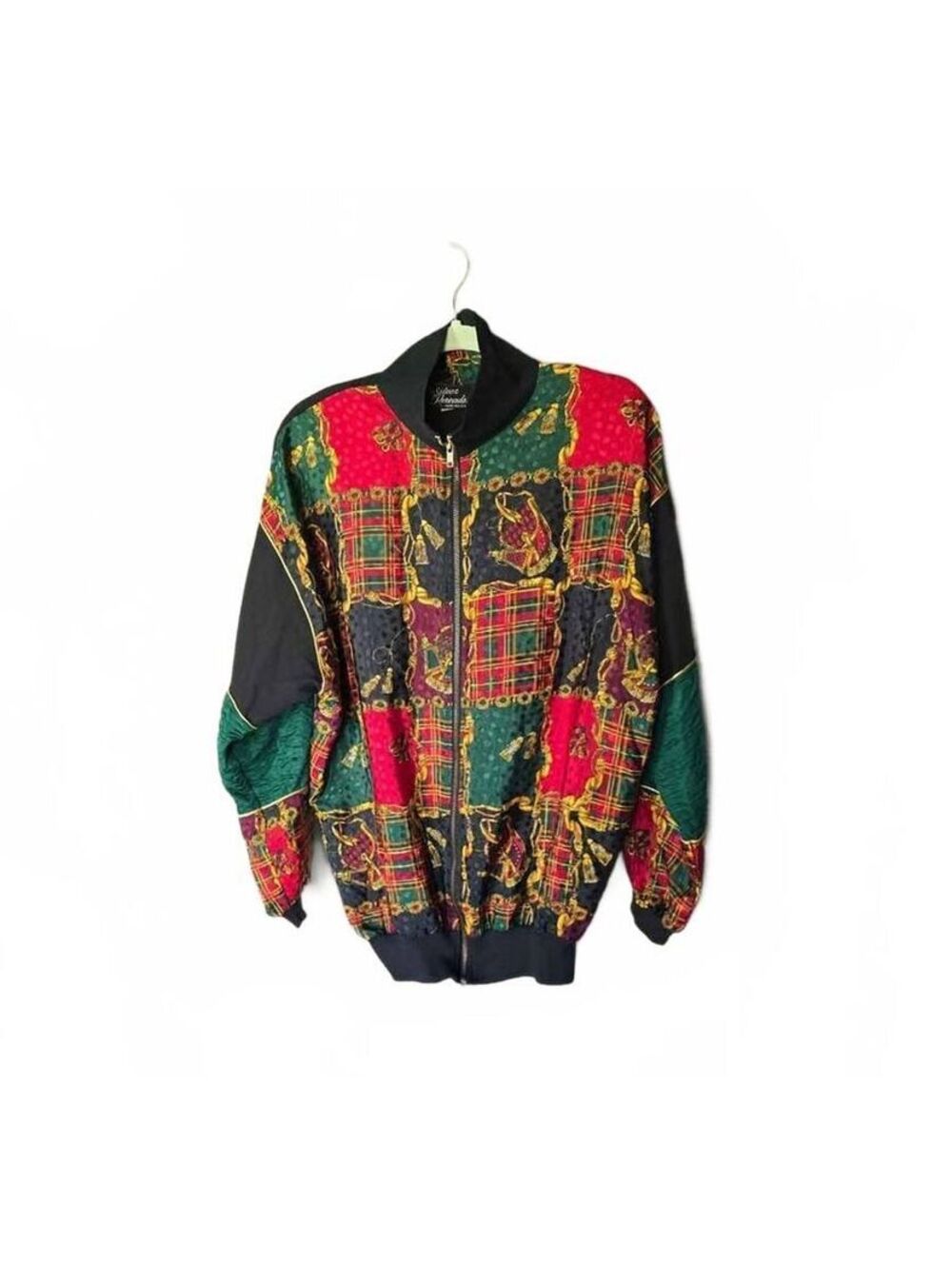 Vintage Silver Threads Colorblock Bomber Jacket with Plaid and Chain Print
